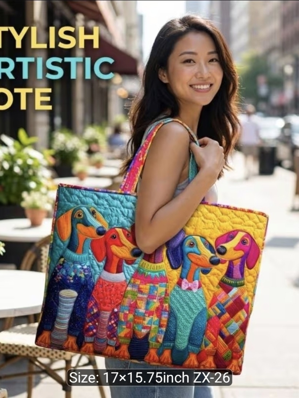 Colorful Multicolor Dachshund Quilted Tote Bag